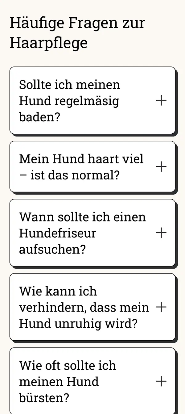 Screenshot Seite "Leistungen" mit FAQ zu Haarpflege