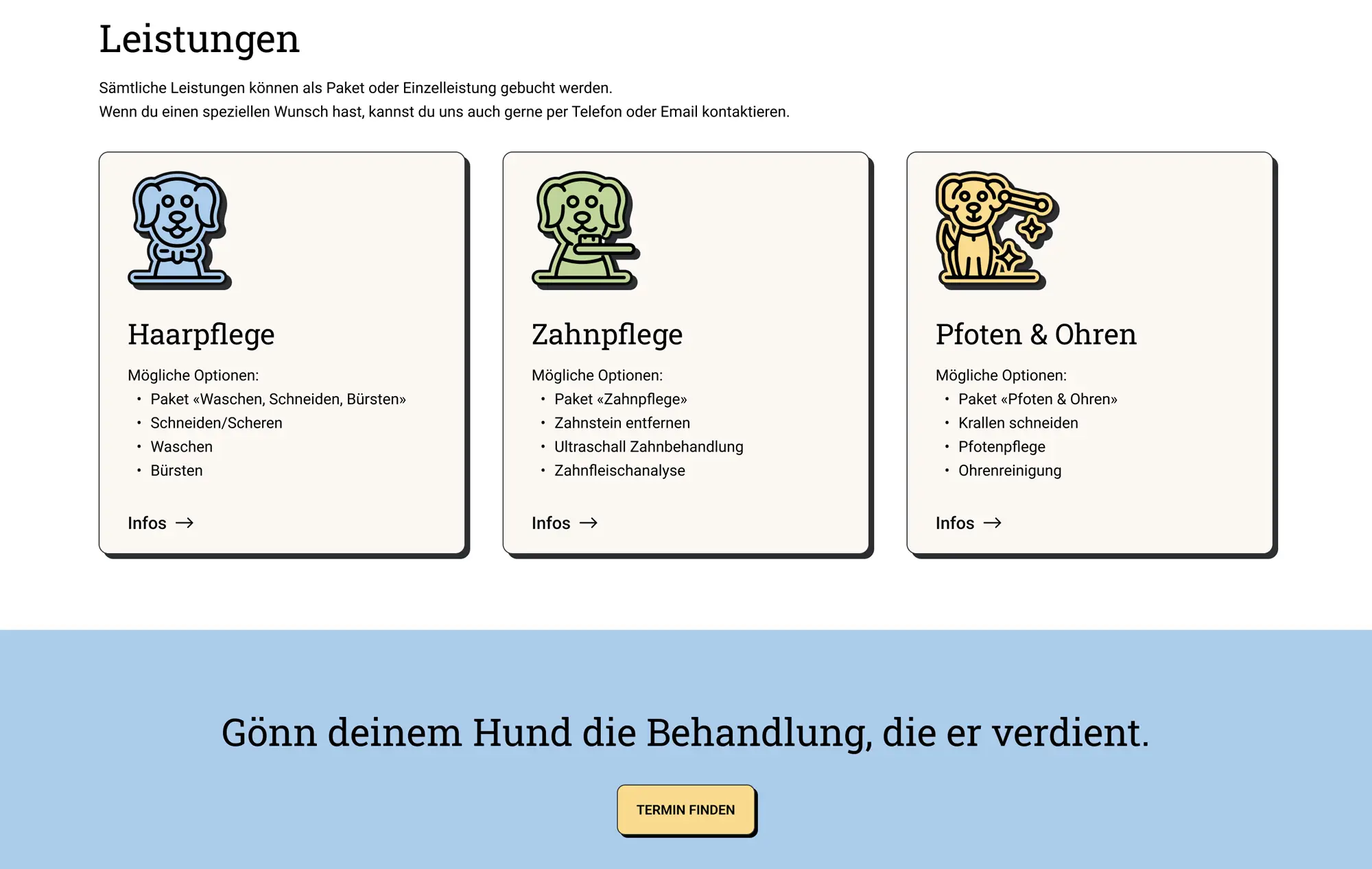 Screenshot Seite "Home", Boxen mit Angebotenen Leistungen.