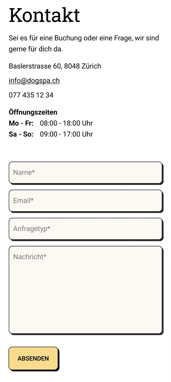 Screenshot Seite "Kontakt" mit Kontaktformular