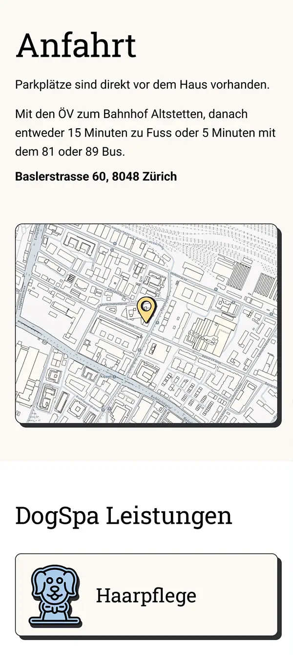 Screenshot Seite "Kontakt" mit Anfahrt