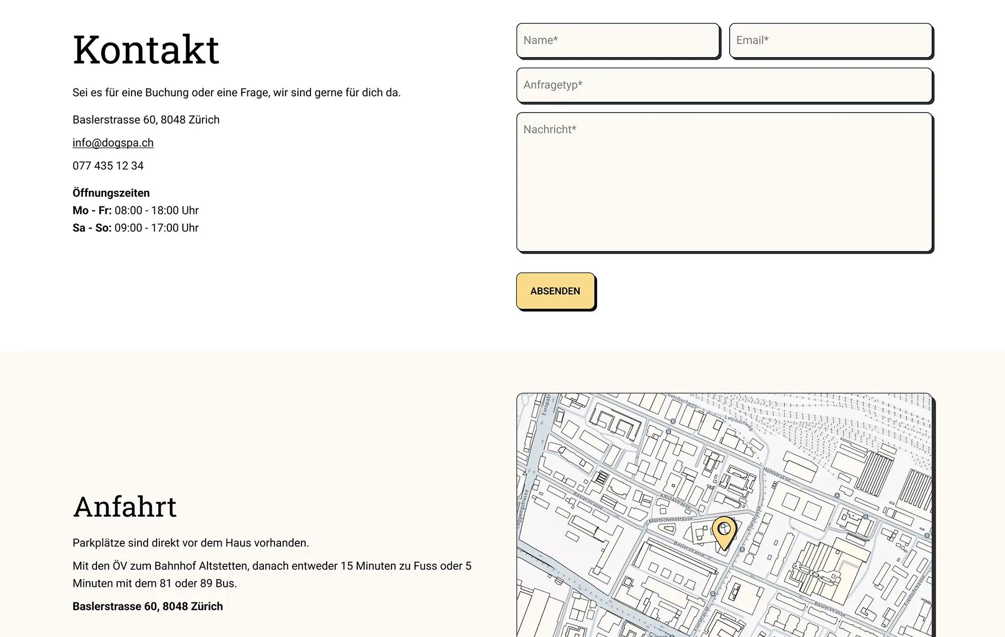 Screenshot Seite "Kontakt", Kontaktformular und Karte für Anfahrt